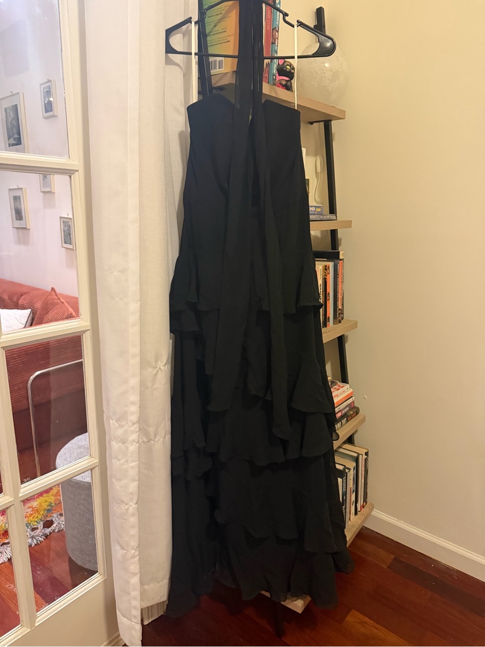 JENNY YOO Elegant Black Tiered Maxi Dress with neck scarf